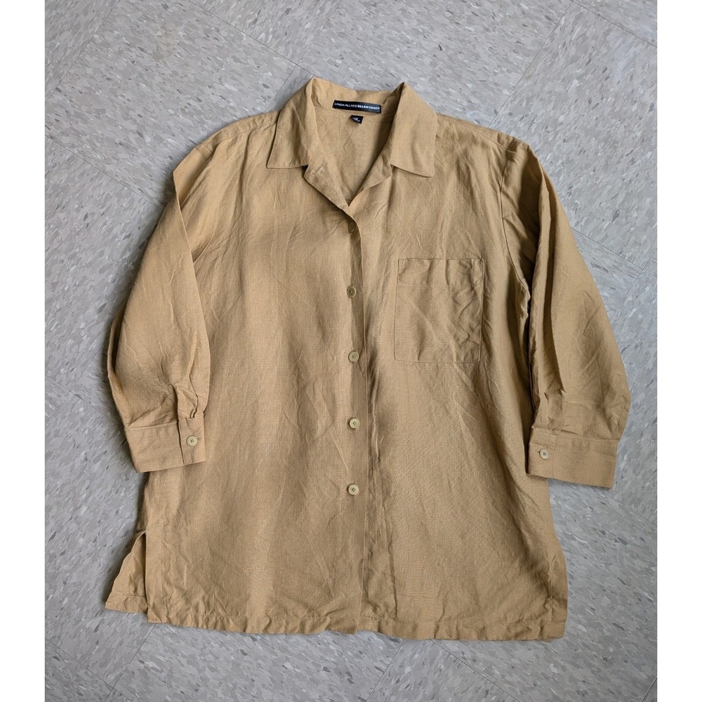 Linda Allard Ellen Tracy Vintage 100% Linen Button Down Shirt Jacket Tan‎